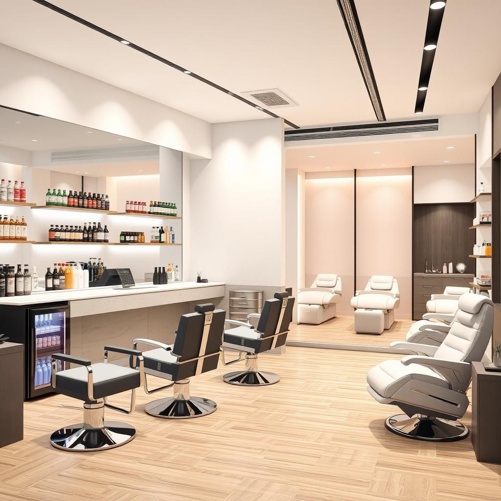 A detailed 3D design rendering of a modern barber shop and spa
