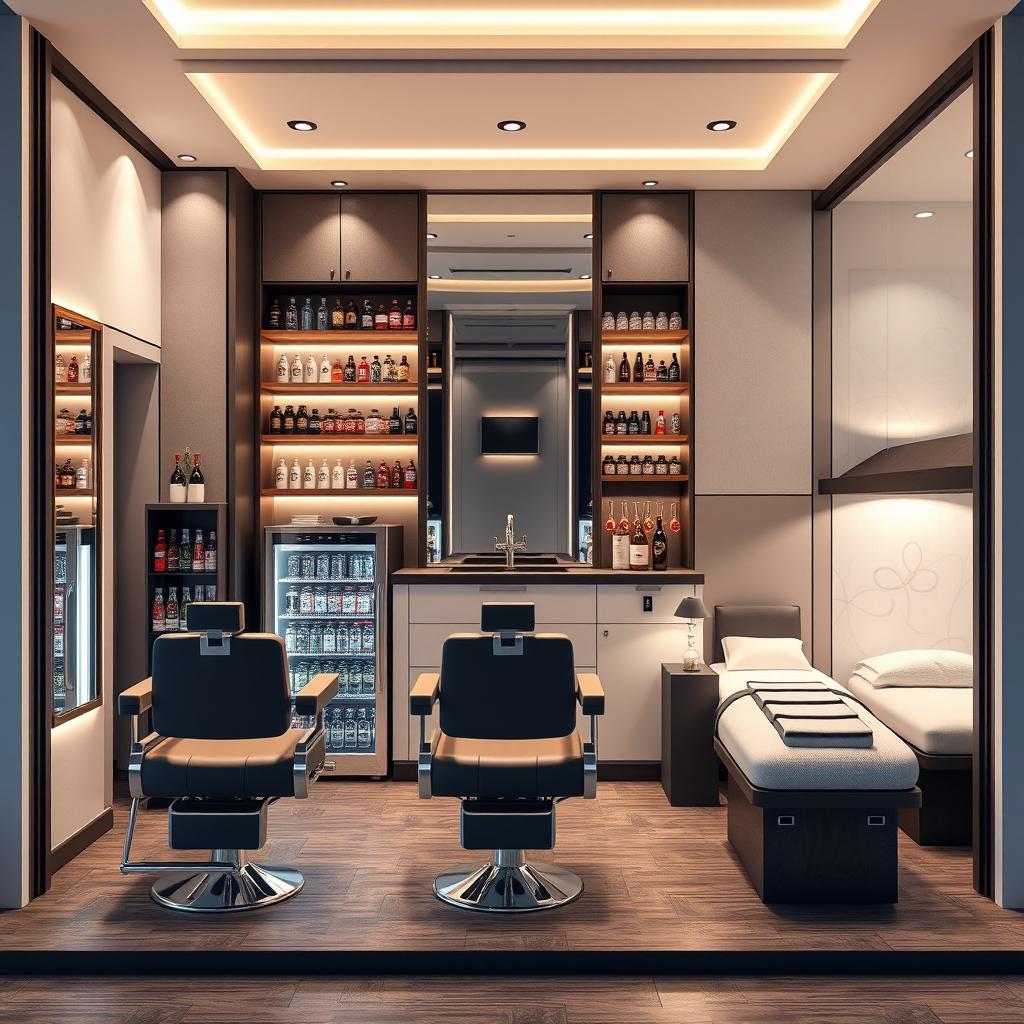 A detailed 3D design of a luxurious barber shop and spa