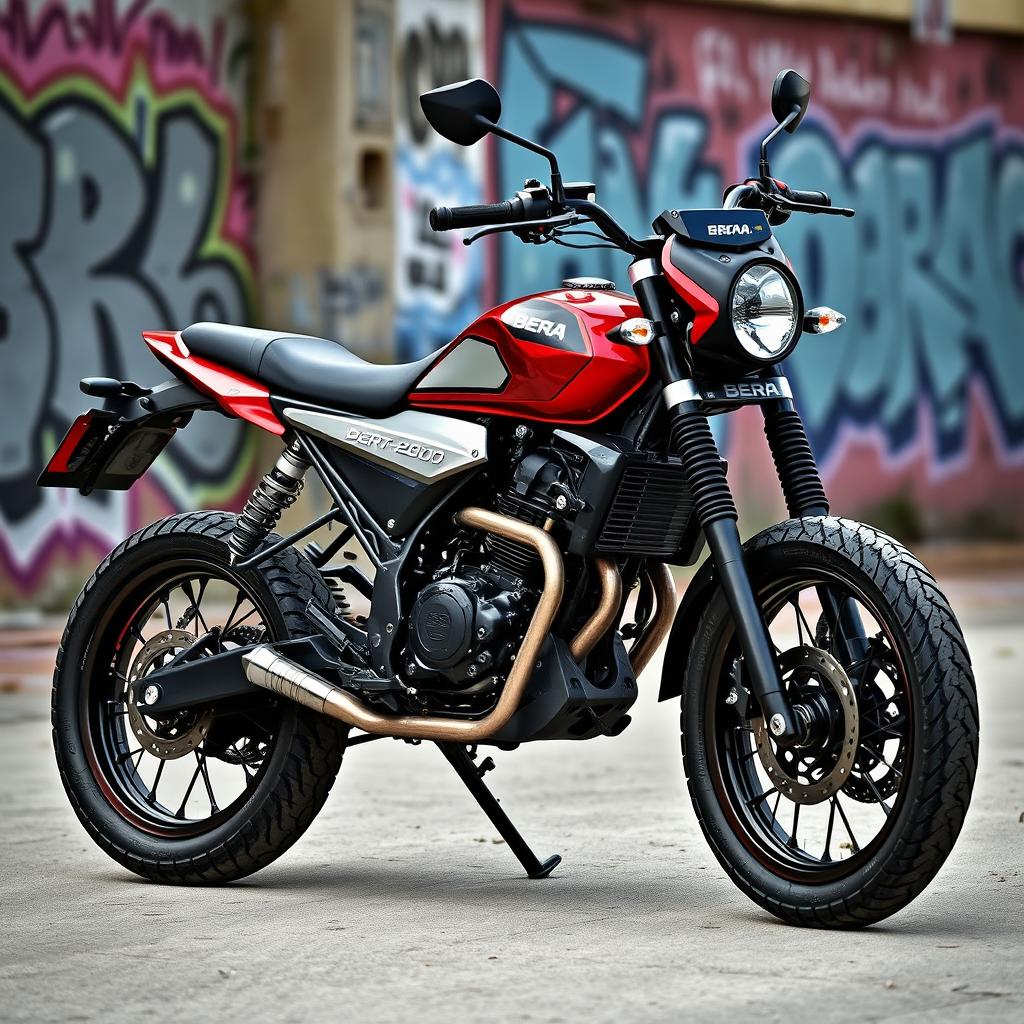 A custom-modified Bera DT 200 motorcycle, showcasing sleek lines and an aggressive stance