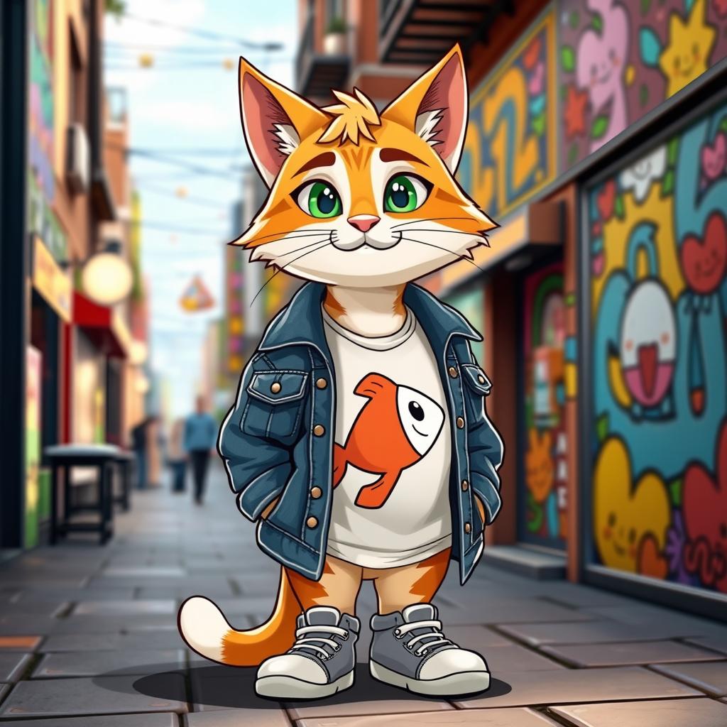 A male anthropomorphic cat character, standing upright in casual clothing, exuding a playful and charming personality