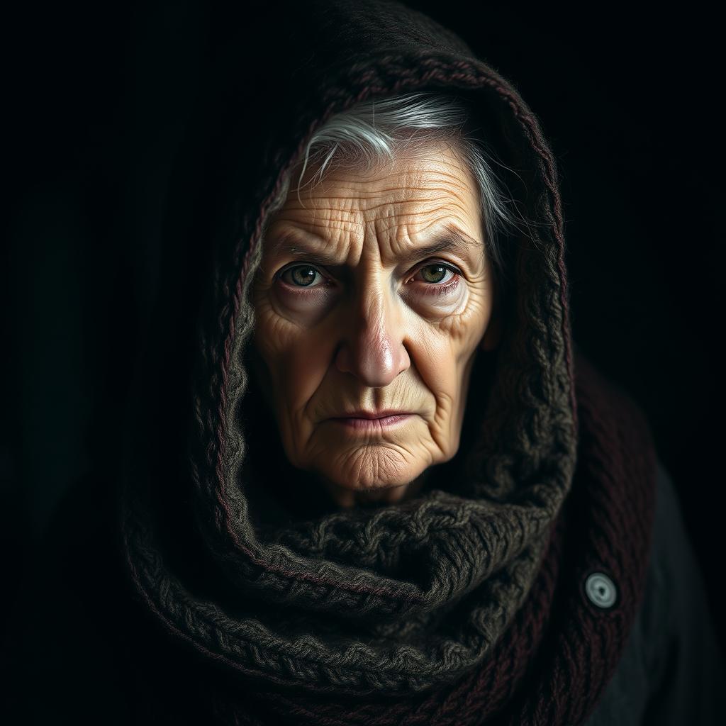 A 70-year-old woman exuding a sense of malevolence, her face marked by sharp features and a sly expression