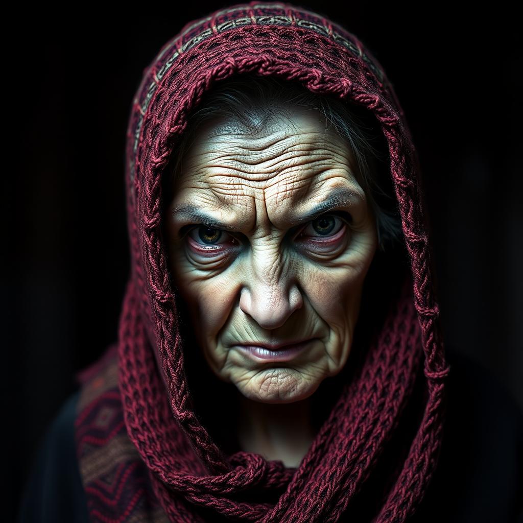 A 70-year-old woman with an evil expression, her face showing malevolence