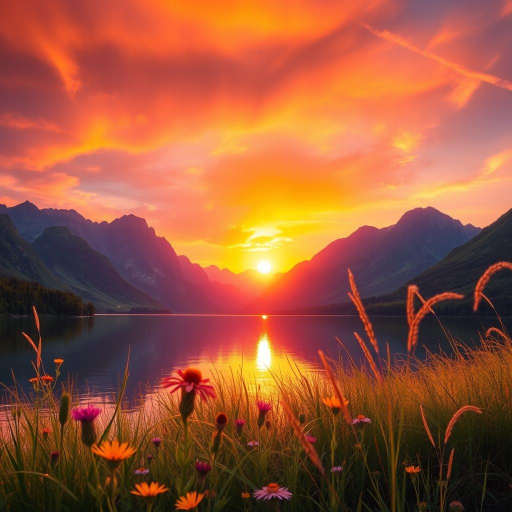A vibrant landscape featuring a stunning sunset over a serene lake surrounded by lush greenery and tall mountains in the distance