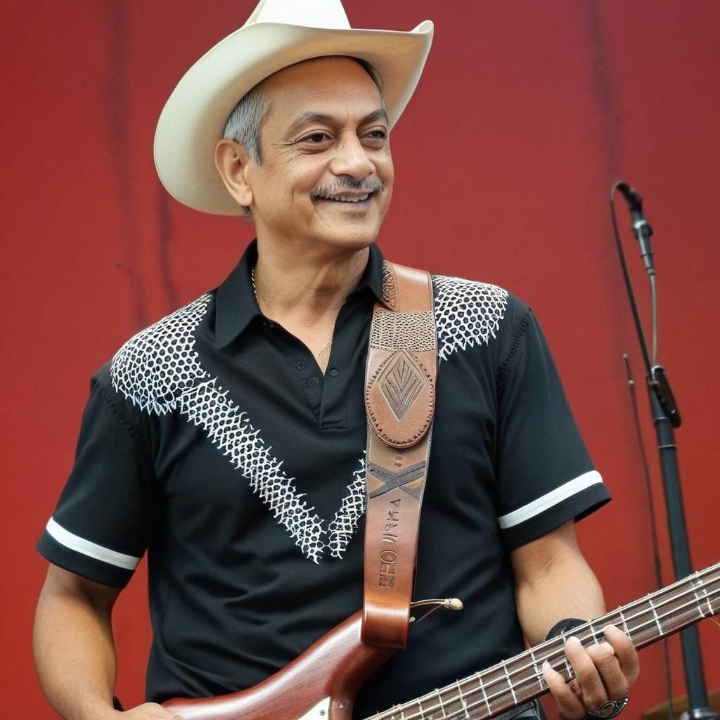i want maori designs in the background. i want the photo of the man playing a bass guitar a cowboy hat