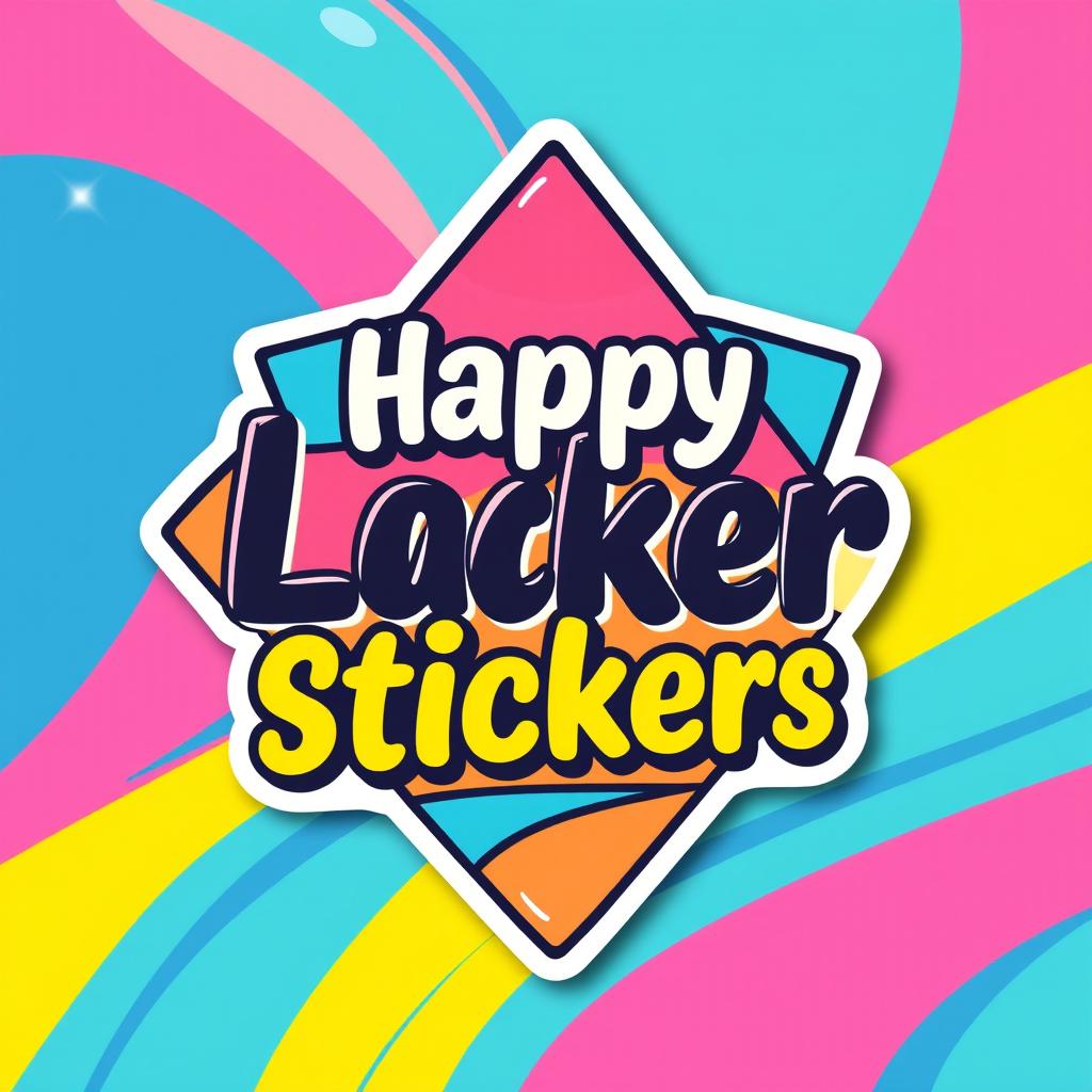 A vibrant and colorful label sticker design featuring playful geometric shapes and a bold, eye-catching typography