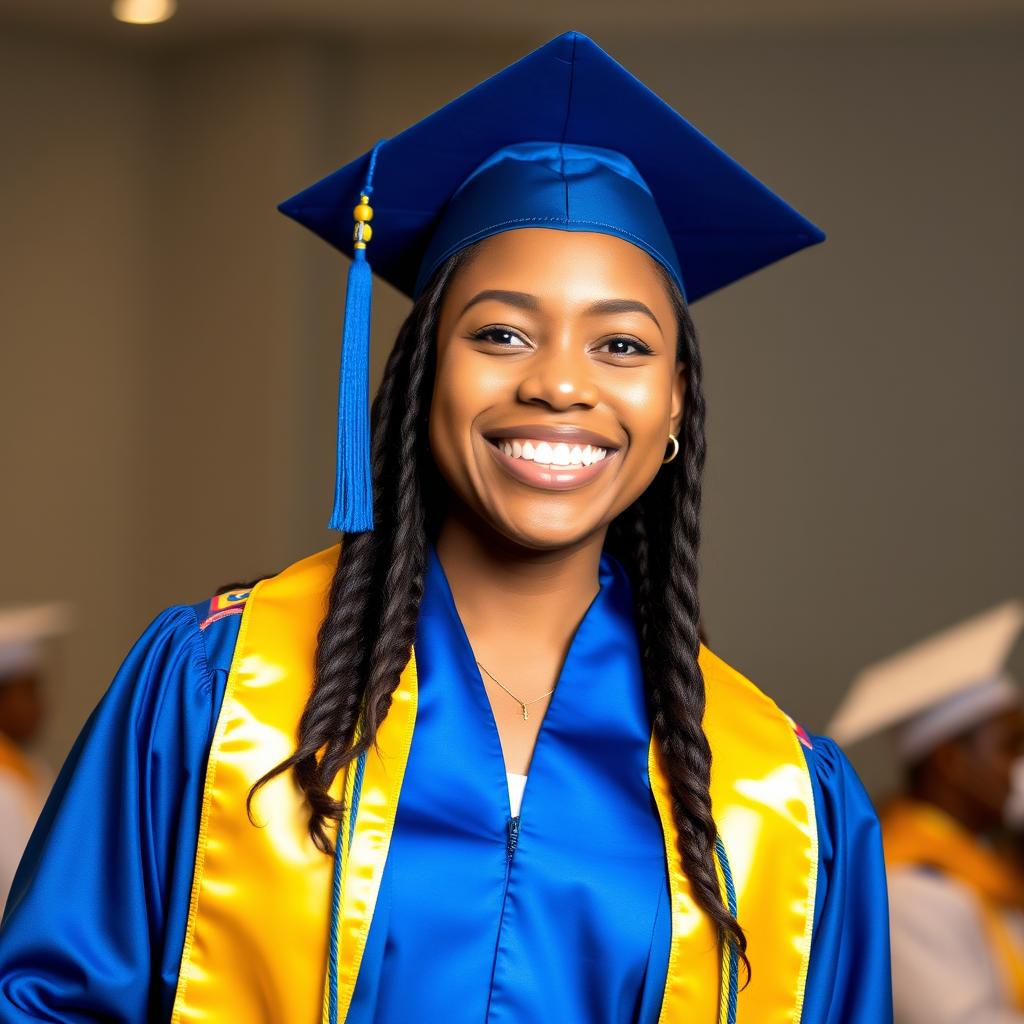 A joyful and confident graduate posing for a photo in a graduation cap and gown