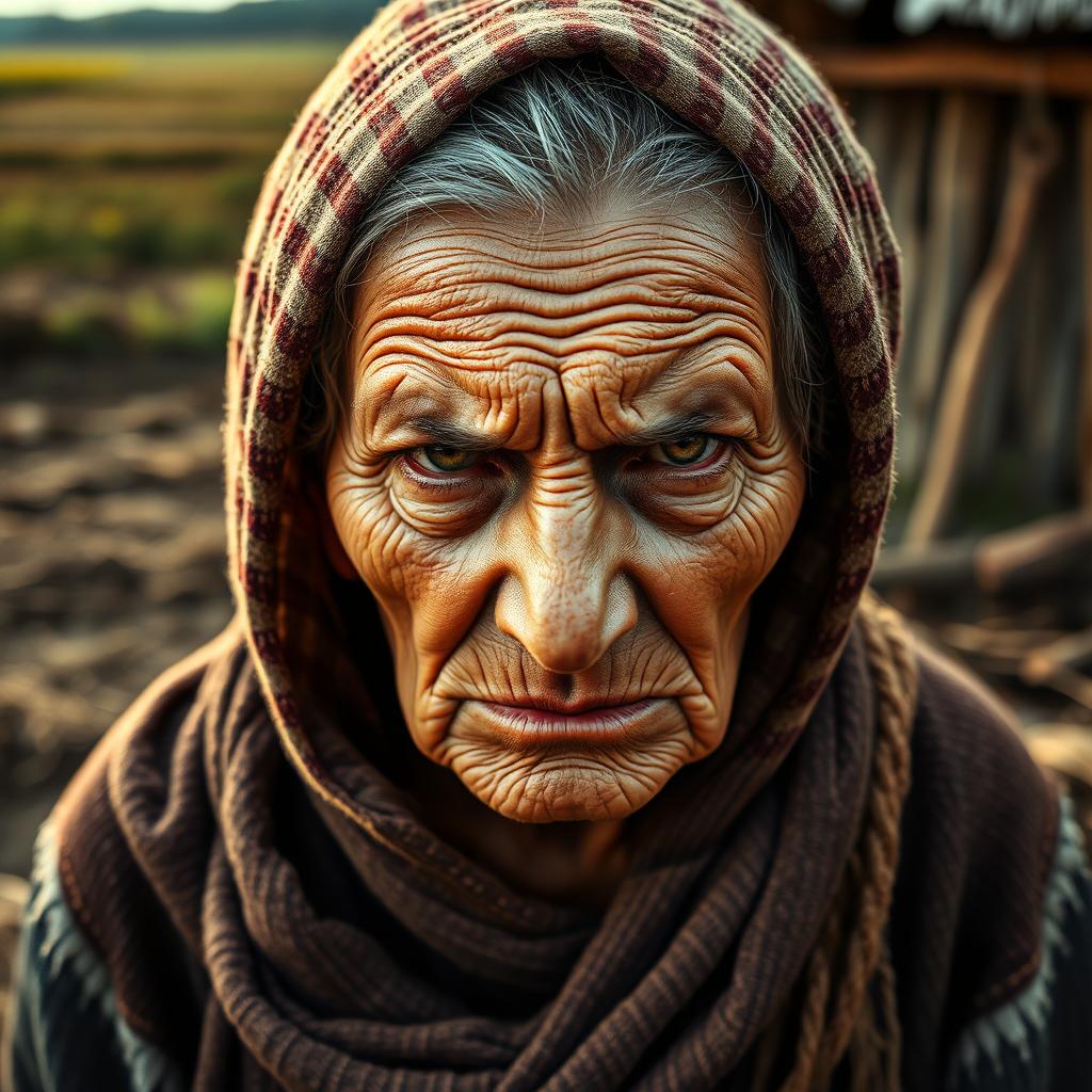 An elderly peasant woman with a traditional rebozo on her head, her face displaying a strong expression of anger