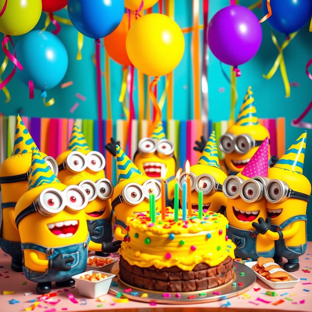 A colorful and festive Minions-themed birthday party scene featuring adorable Minions wearing party hats and surrounded by balloons, confetti, and a big birthday cake with candles