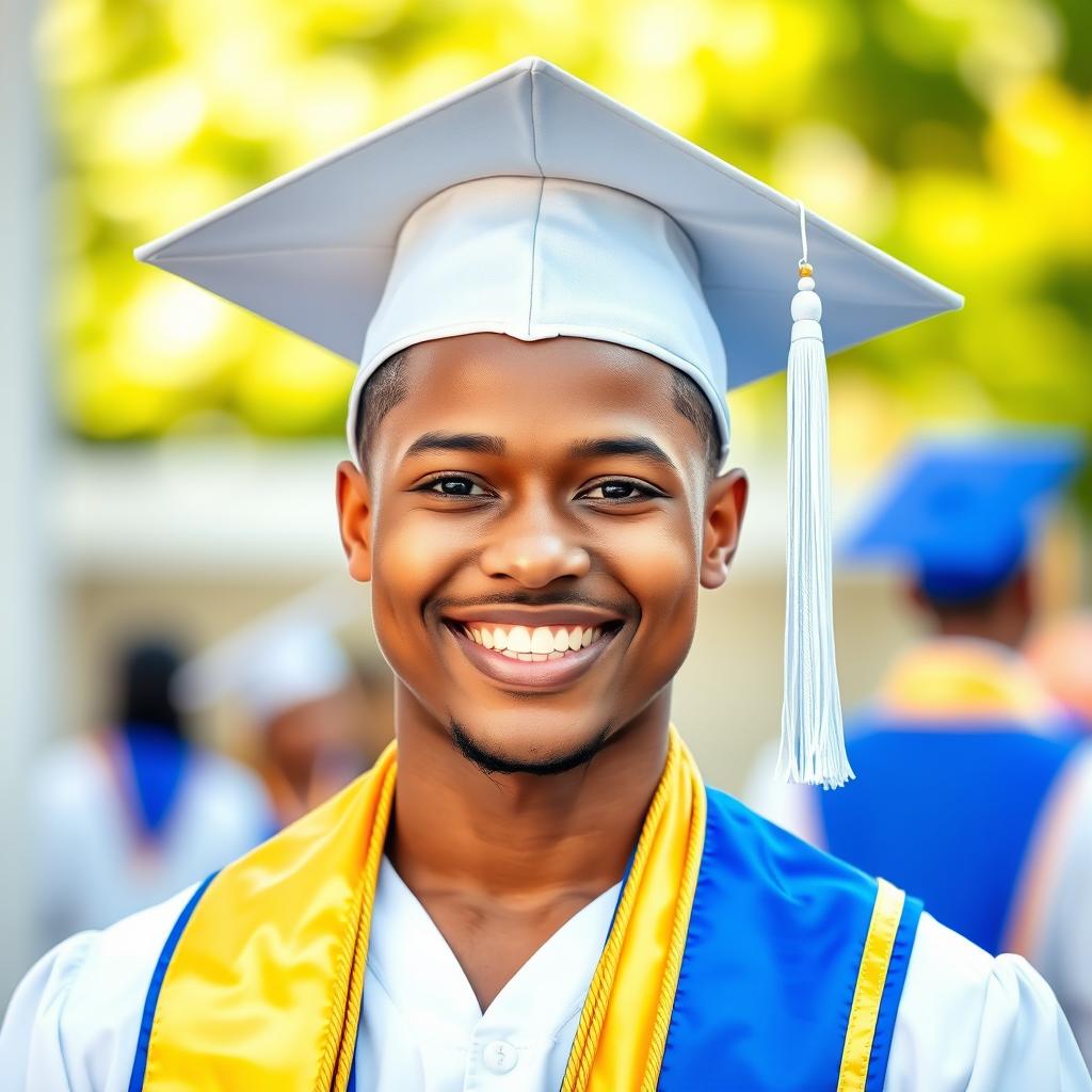A portrait of a graduate resembling the original subject, wearing a white graduation cap and gown