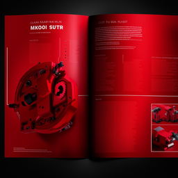 Generate a full catalog design for 'OZKAR MAKINA' company, featuring domination of red and black colors and a themed photo.