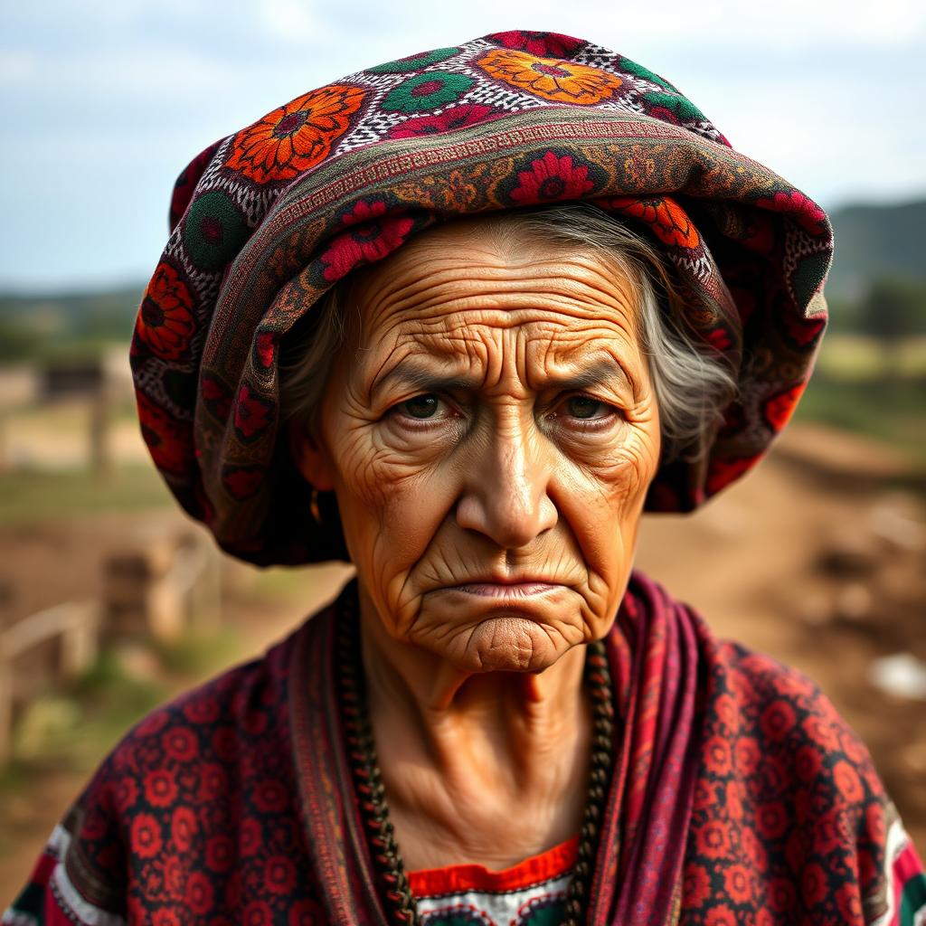 An elderly woman dressed in traditional Mexican campesina attire, wearing a beautifully patterned rebozo on her head