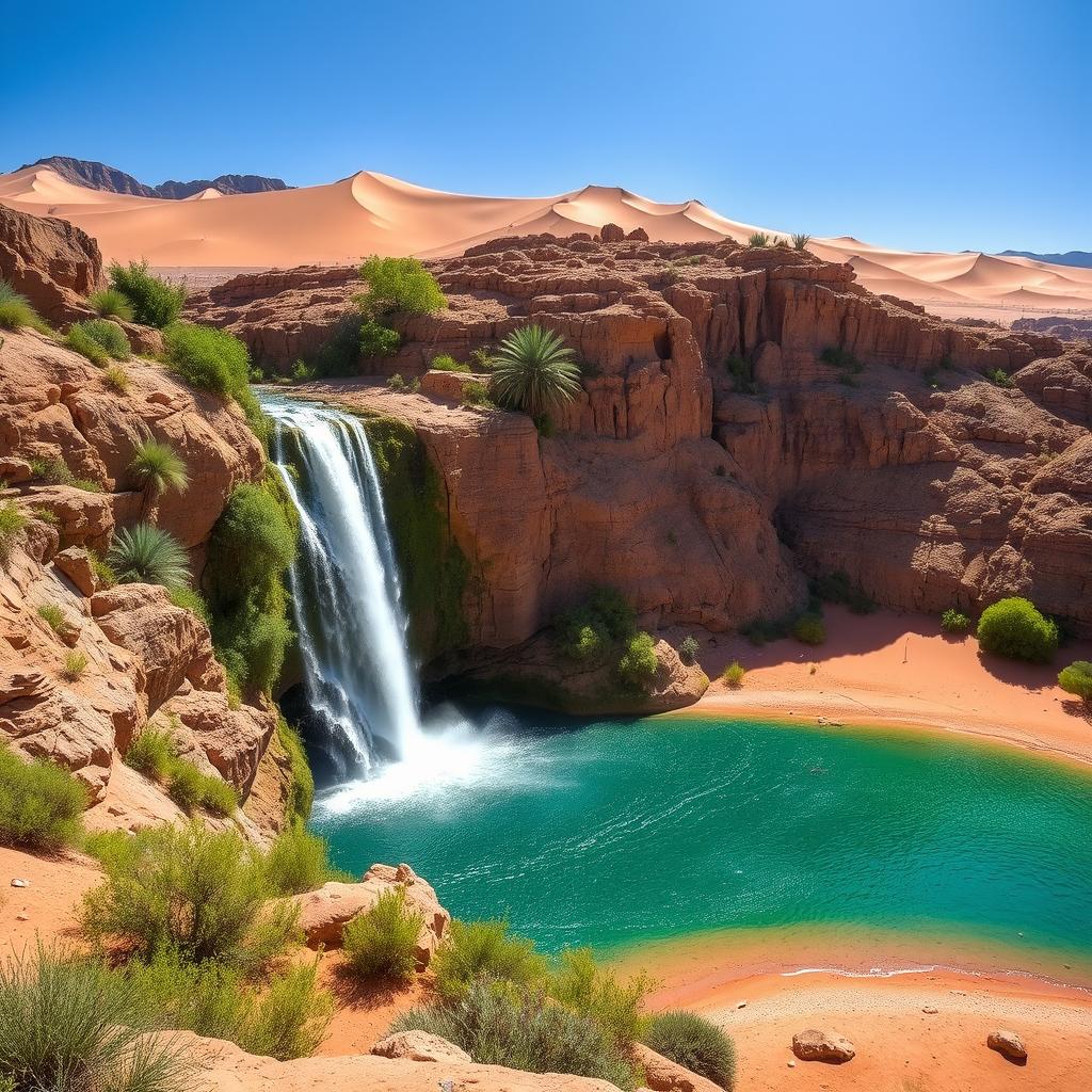 A stunning desert scene featuring a magnificent waterfall cascading down rocky cliffs