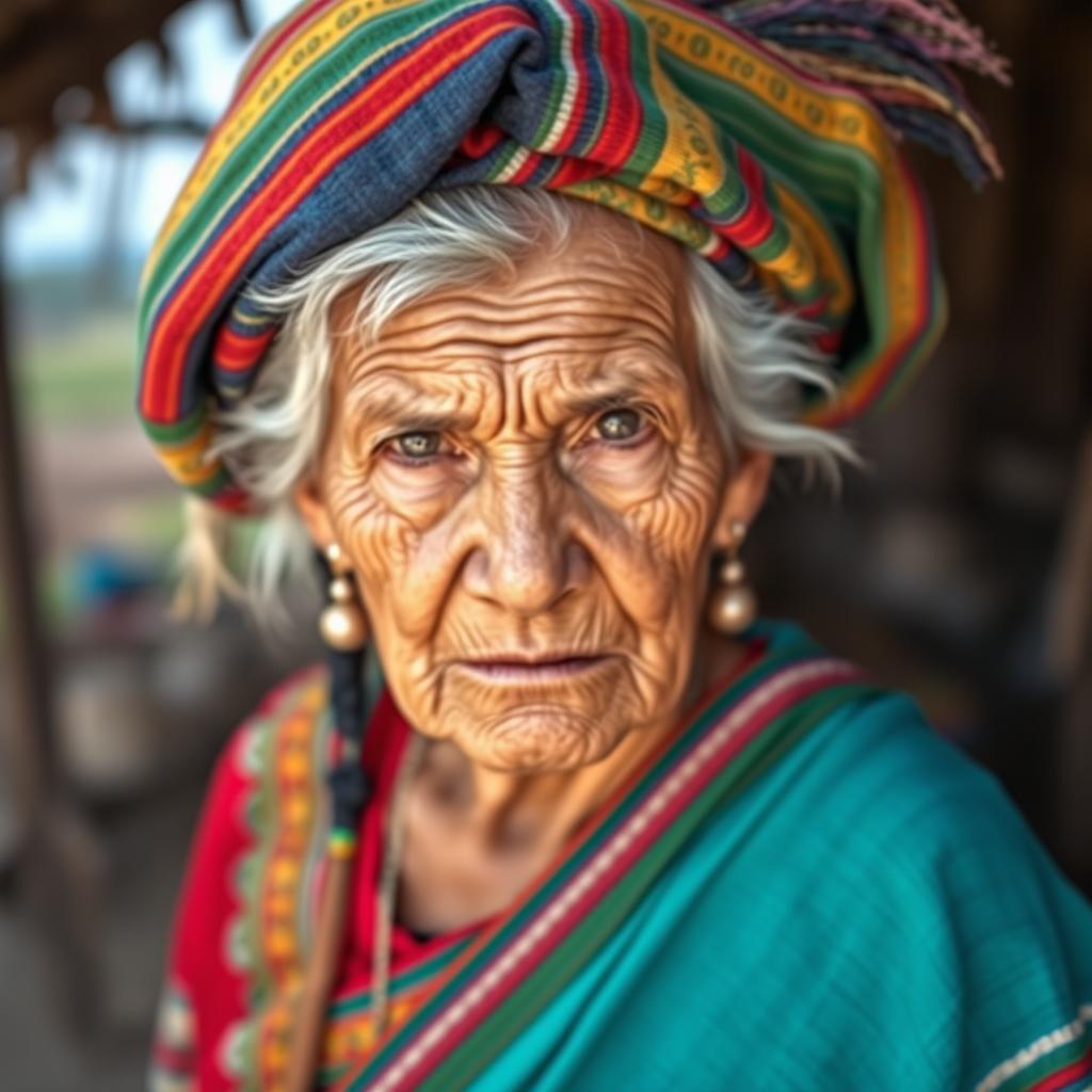 An elderly Mexican woman in traditional campesina attire, wearing a colorful rebozo on her head