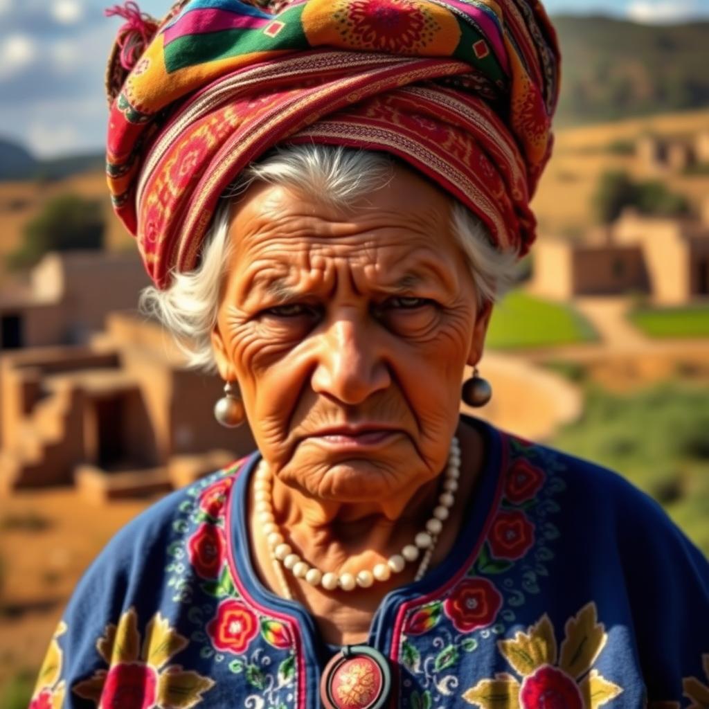 An elderly Mexican woman dressed in traditional campesino attire, featuring a vibrant embroidered dress and a beautifully patterned rebozo on her head