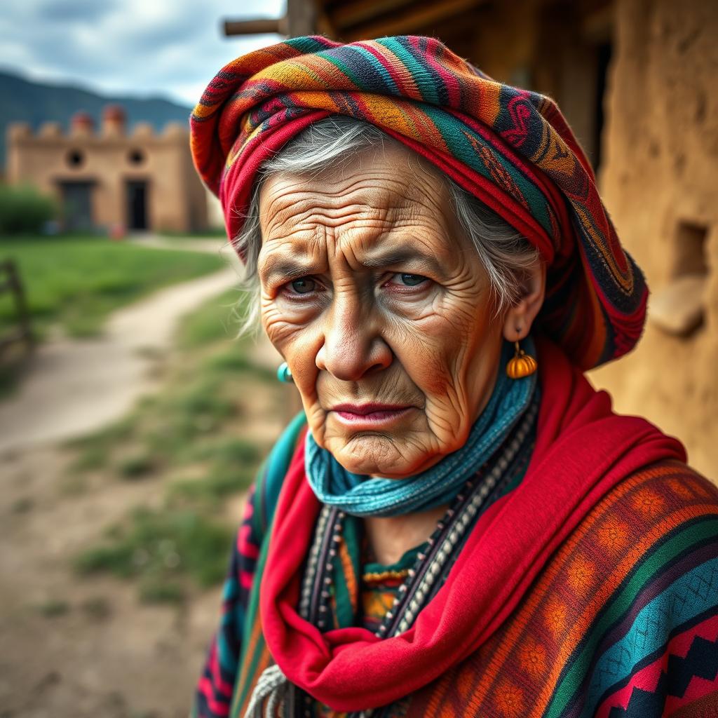 An elderly woman dressed in traditional Mexican campesina attire, wearing a colorful rebozo on her head