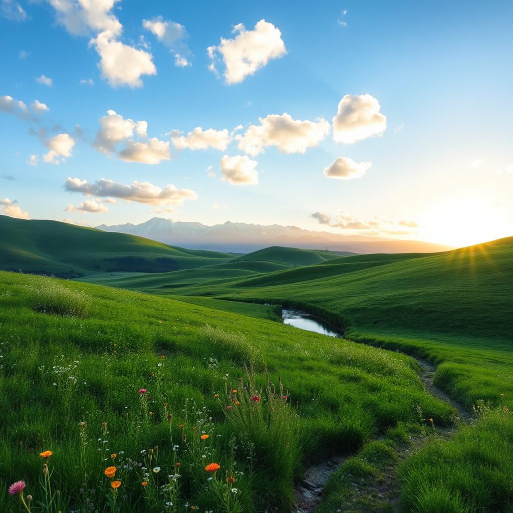 A serene landscape featuring a lush green meadow under a bright blue sky with scattered fluffy white clouds