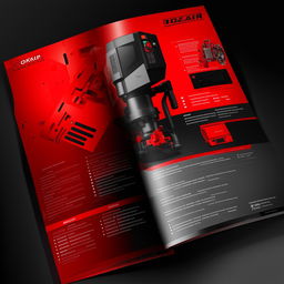 Generate a full catalog design for 'OZKAR MAKINA' company, featuring domination of red and black colors and a themed photo.