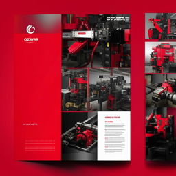 Generate a full catalog design for 'OZKAR MAKINA' company, featuring domination of red and black colors and a themed photo.