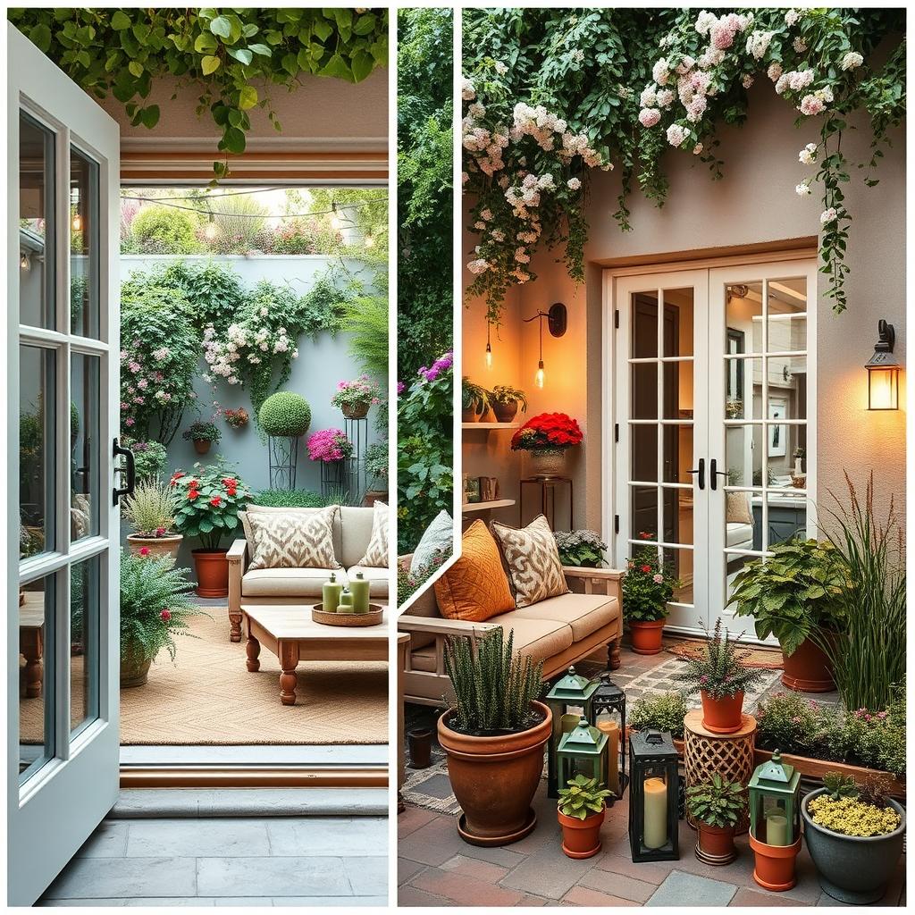 A beautifully enhanced patio scene that reflects a cozy oasis perfect for gatherings, featuring two main perspectives: 1