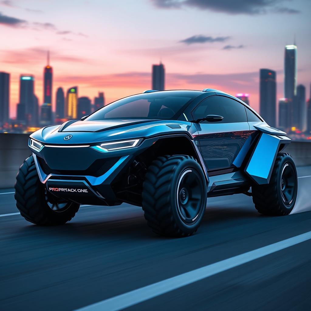 A futuristic vehicle named 'Protrack One', designed with sleek and aerodynamic lines, showcasing a glossy metallic body in a striking blue and silver color scheme