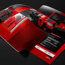 Create a full catalog design for 'OZKAR MAKINA' company, dominated by red and black colors, and includes a themed photo.