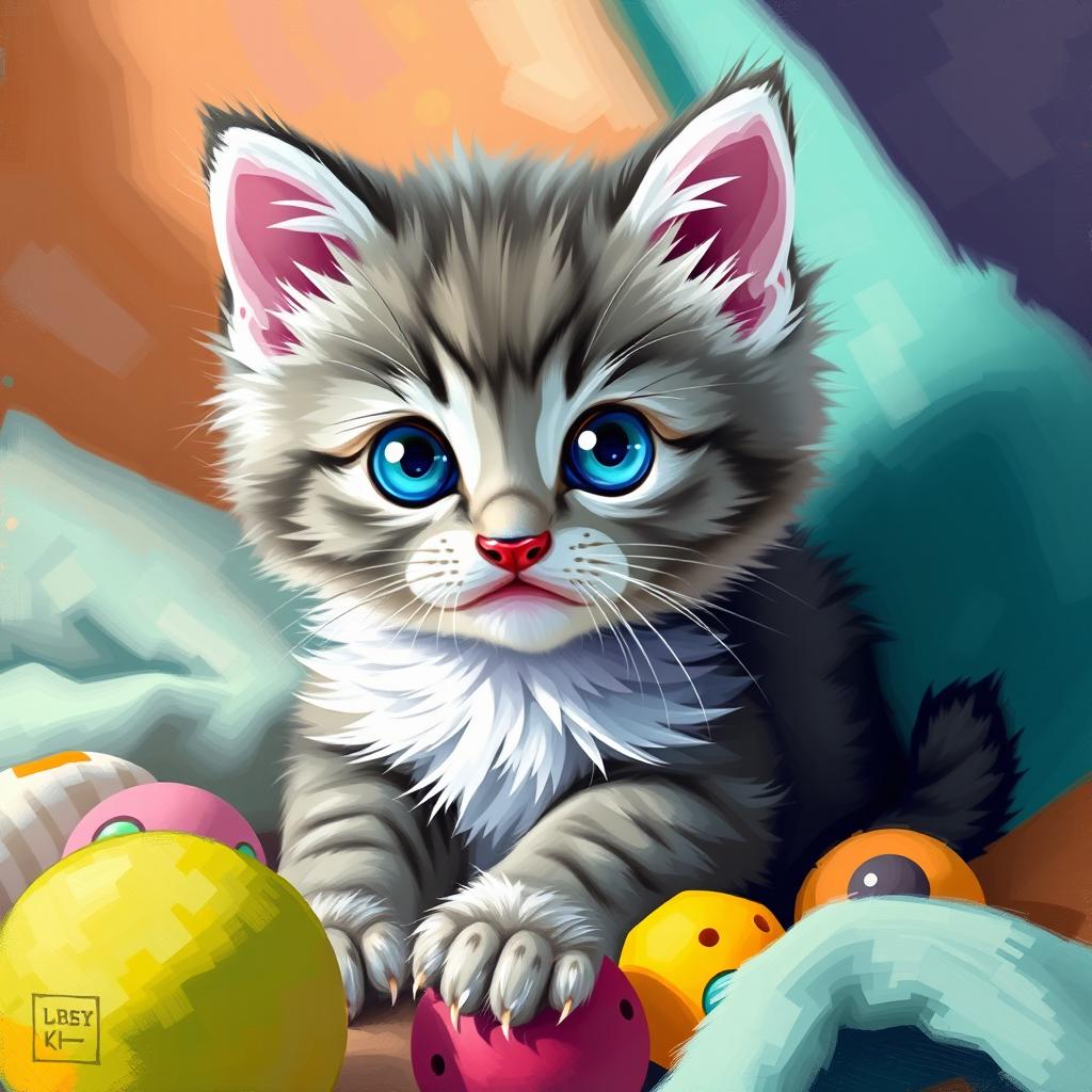 A cute and fluffy kitten with large, expressive blue eyes, soft gray fur with white patches, and adorable little pink ears, sitting playfully in a cozy environment