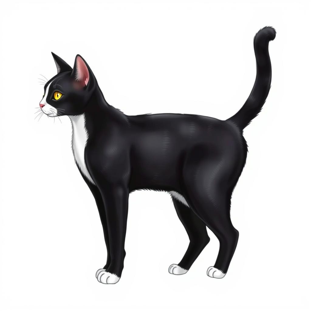 A full-length drawing of a standing cat, with a predominantly black body and white features