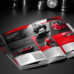 Create a full catalog design for 'OZKAR MAKINA' company, dominated by red and black colors, and includes a themed photo.