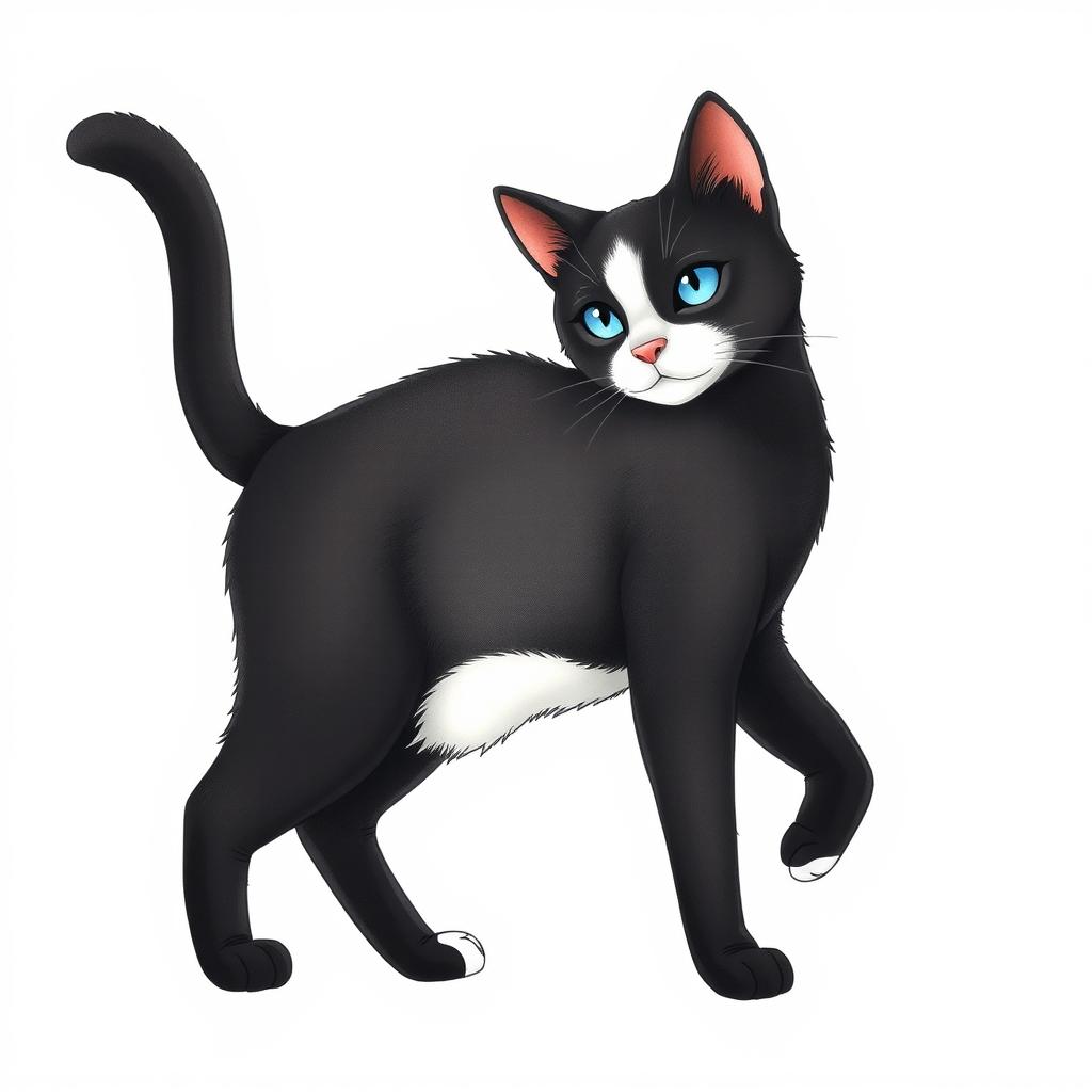 A full-length drawing of a standing cat against a simple white background