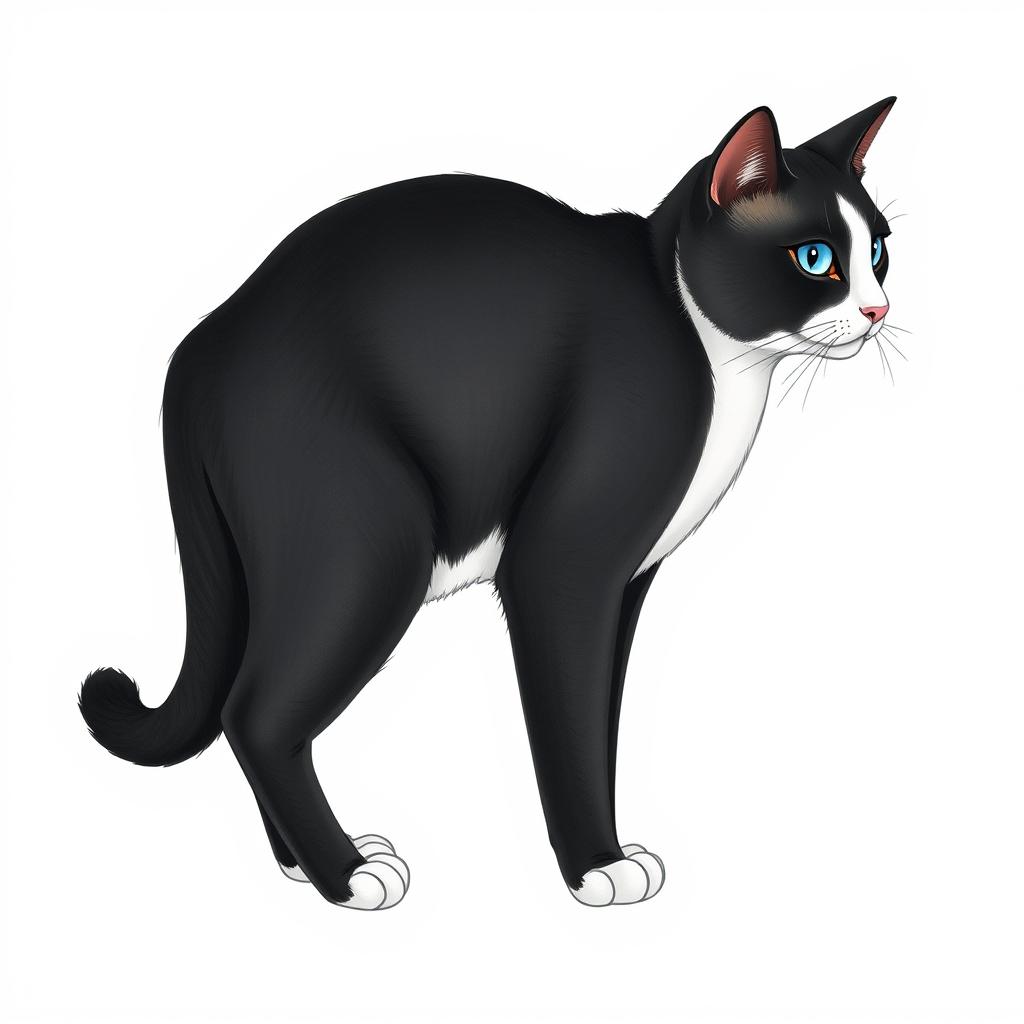 A full-length drawing of a standing cat, side view, with a black and white color scheme