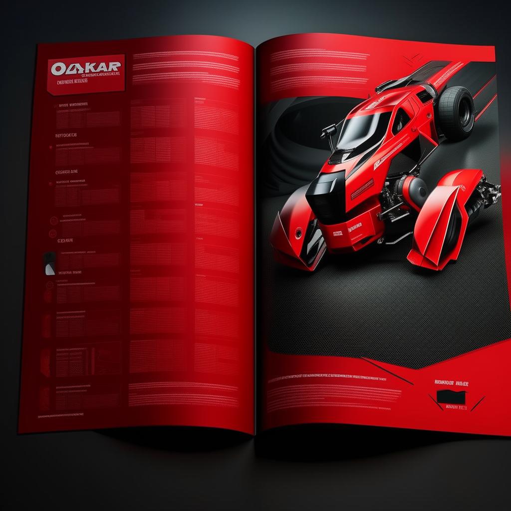 Create a full catalog design for 'OZKAR MAKINA' company, dominated by red and black colors, and includes a themed photo.