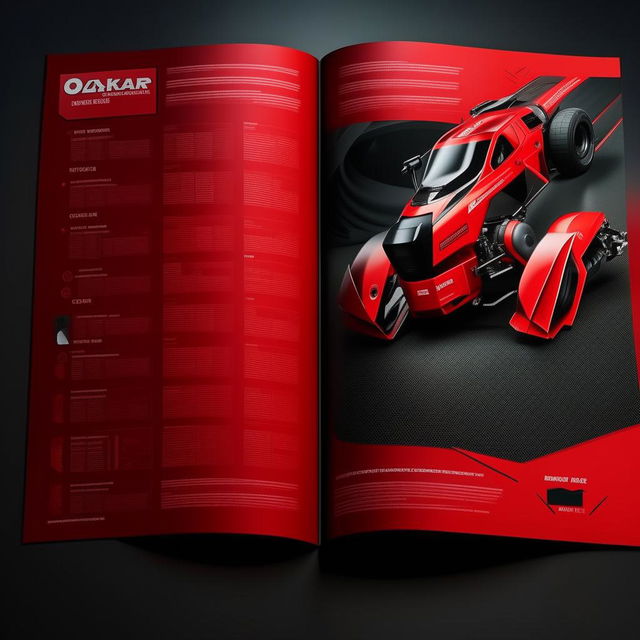 Create a full catalog design for 'OZKAR MAKINA' company, dominated by red and black colors, and includes a themed photo.