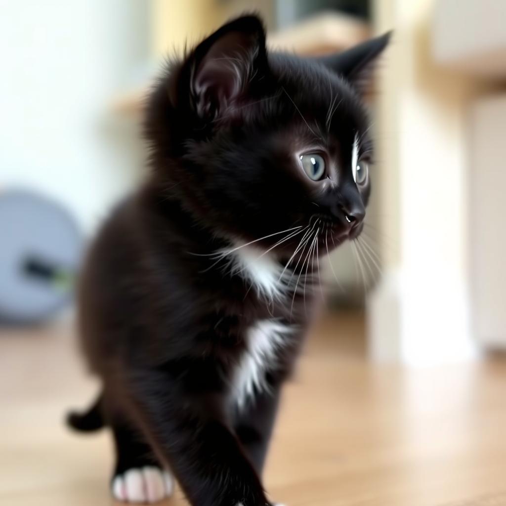A cute kitten standing sideways, with its body completely black except for one white paw and its face