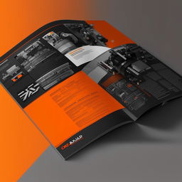 Create a full catalog design for 'OZKAR MAKINA' company where orange and black colors are predominant.