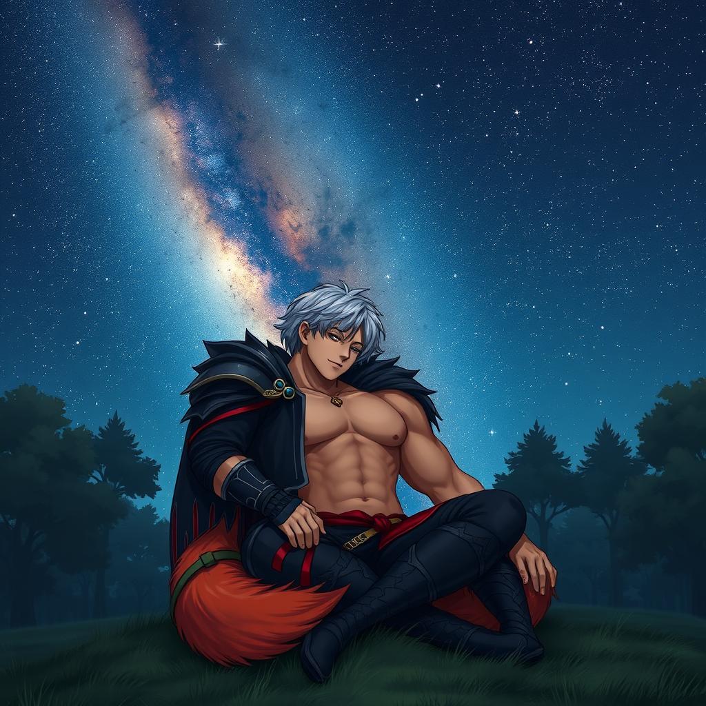 A serene and romantic night scene featuring two characters cuddling together under a breathtaking starry sky