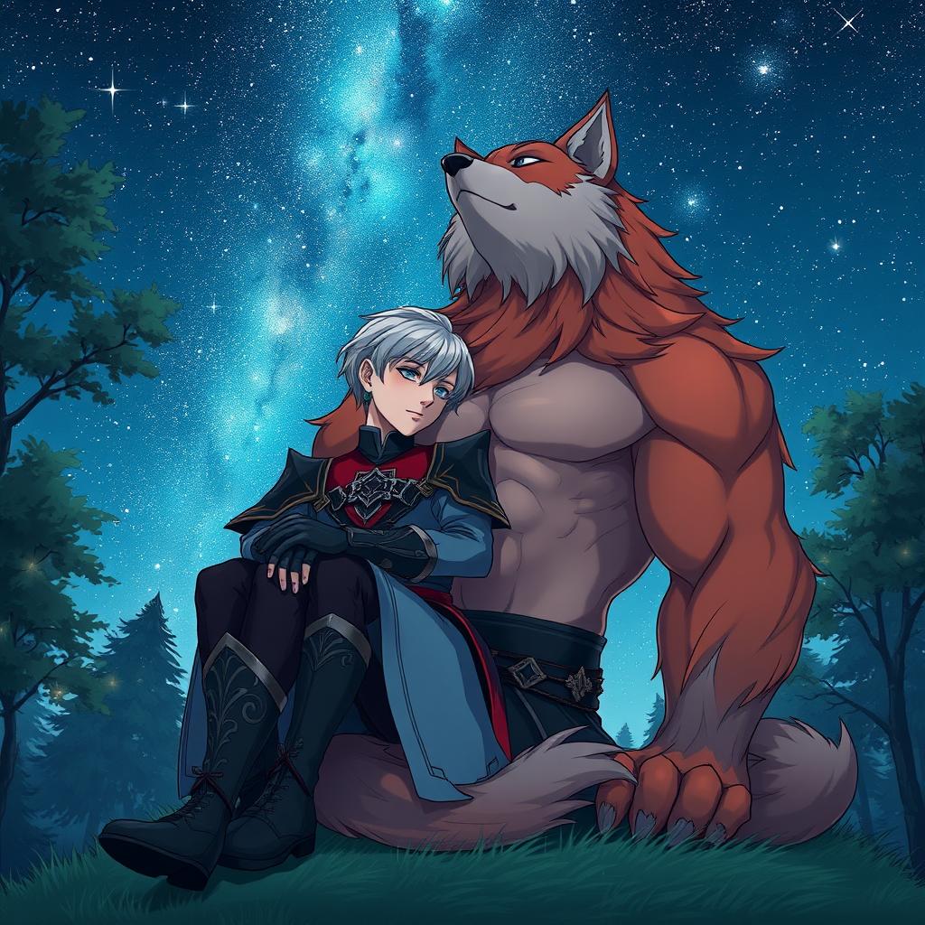 A serene and romantic night scene featuring two characters cuddling together under a starry sky