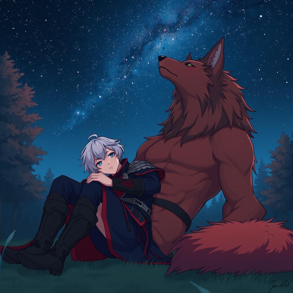 A serene and romantic night scene featuring two characters laying together under a starry sky