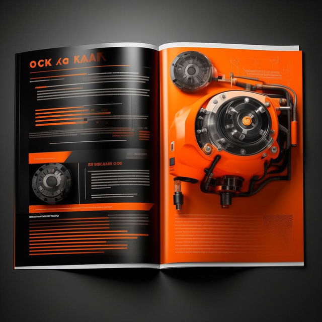 Create a full catalog design for 'OZKAR MAKINA' company where orange and black colors are predominant.