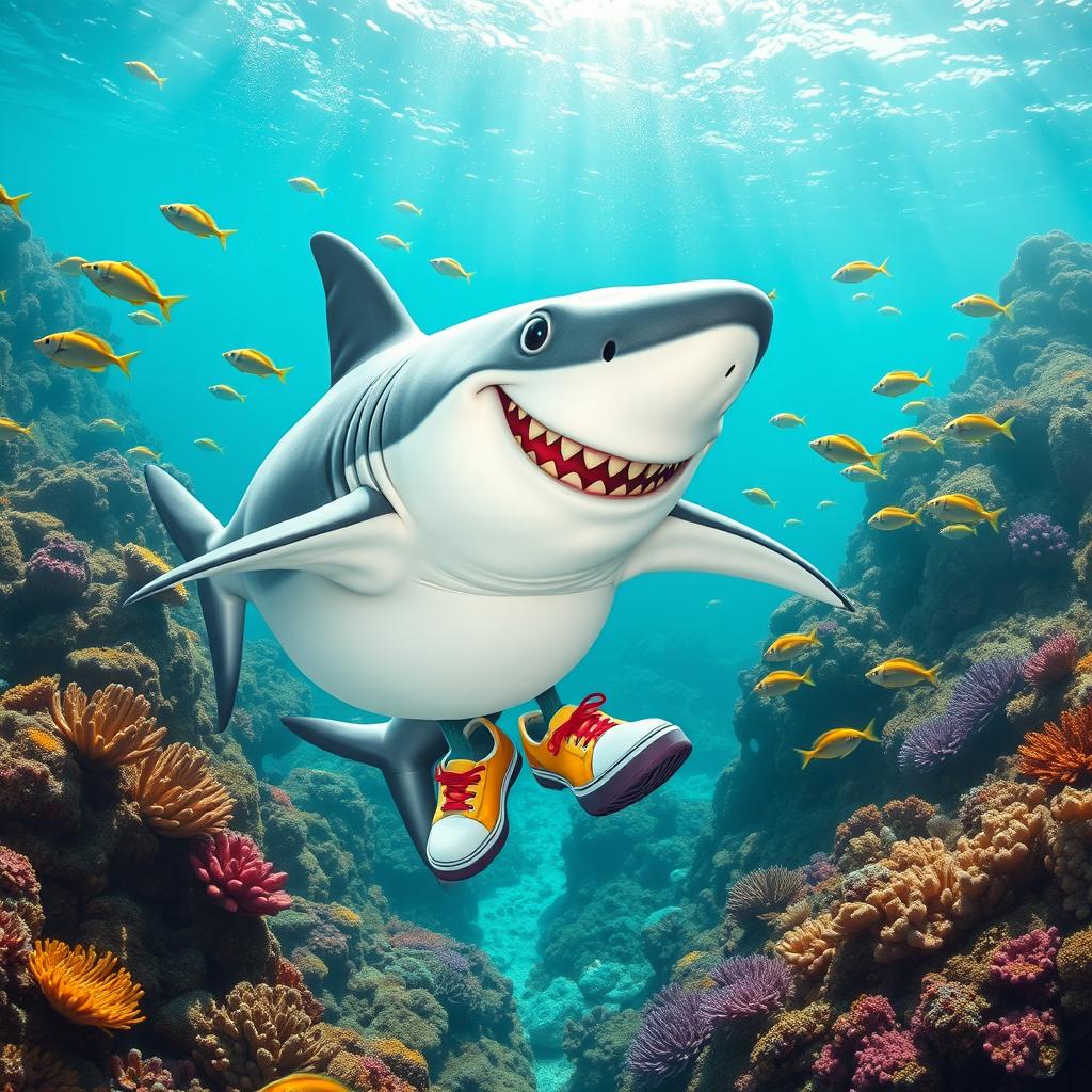 A whimsical and playful image of a shark wearing shoes
