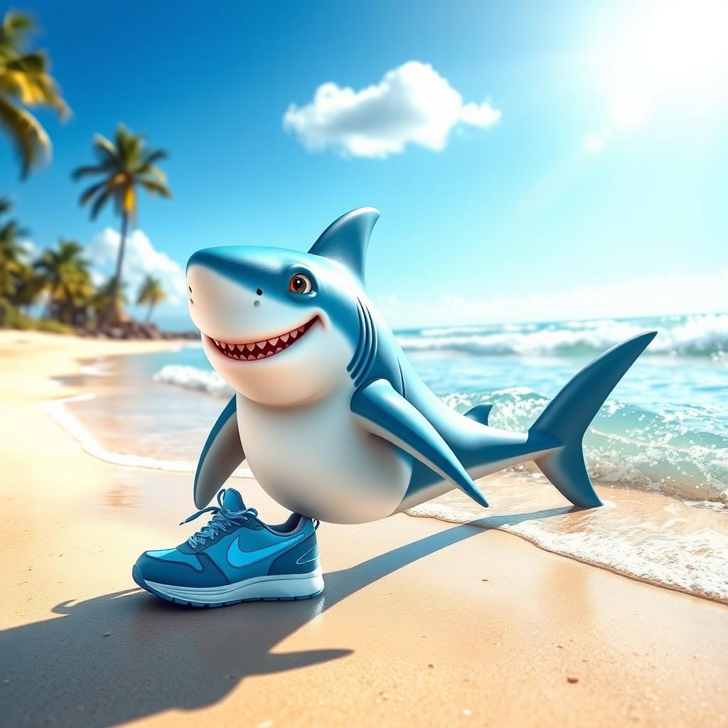 An imaginative scene featuring a playful shark wearing blue Nike sneakers standing at the shoreline of a beautiful beach