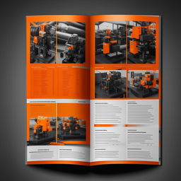 Create a full catalog design for 'OZKAR MAKINA' company where orange and black colors are predominant.