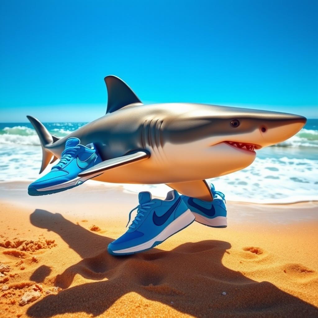 A vibrant scene featuring a majestic shark with blue Nike sneakers on its fins, standing proudly on a beach shore