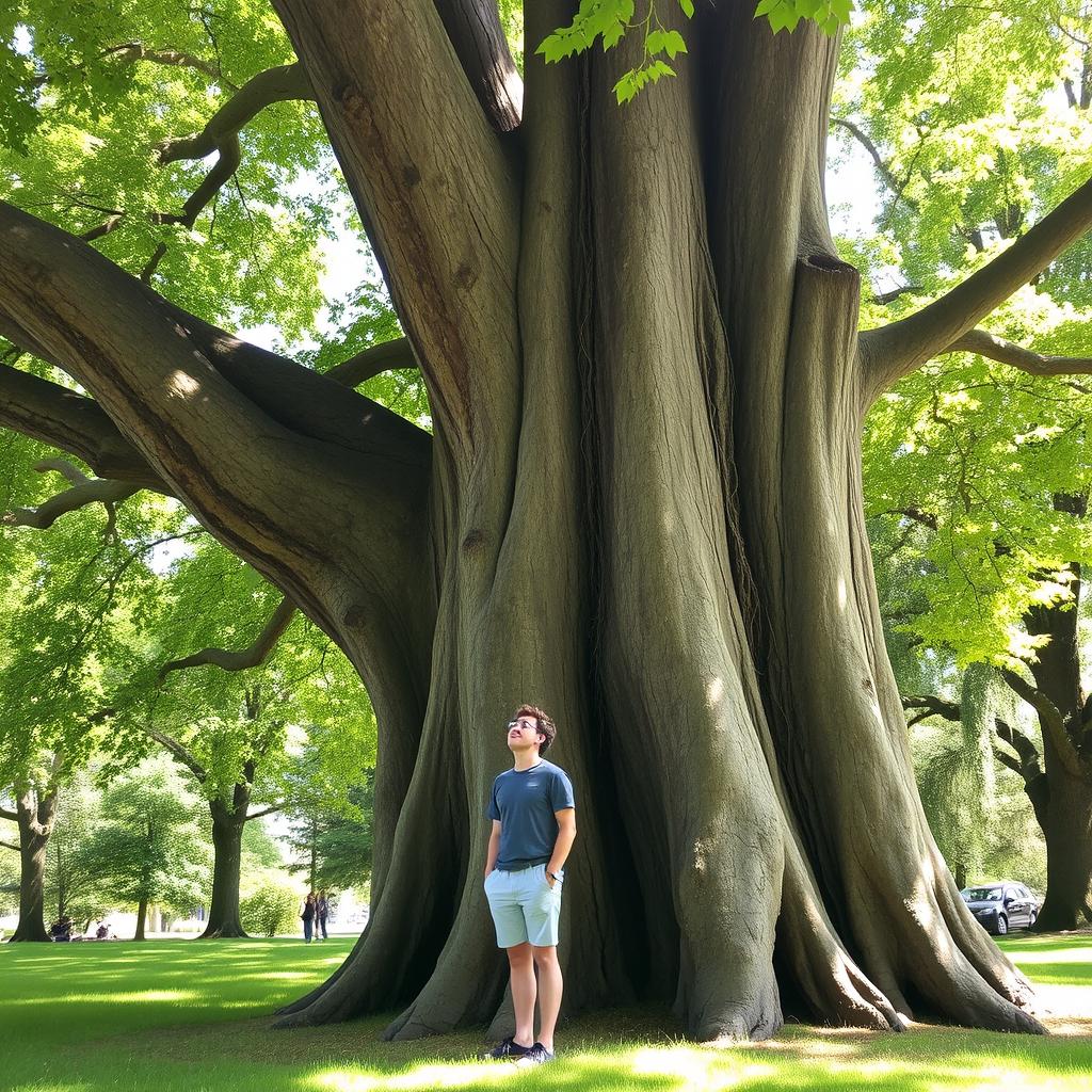 A person standing next to a large, majestic tree with a thick trunk and abundant green leaves