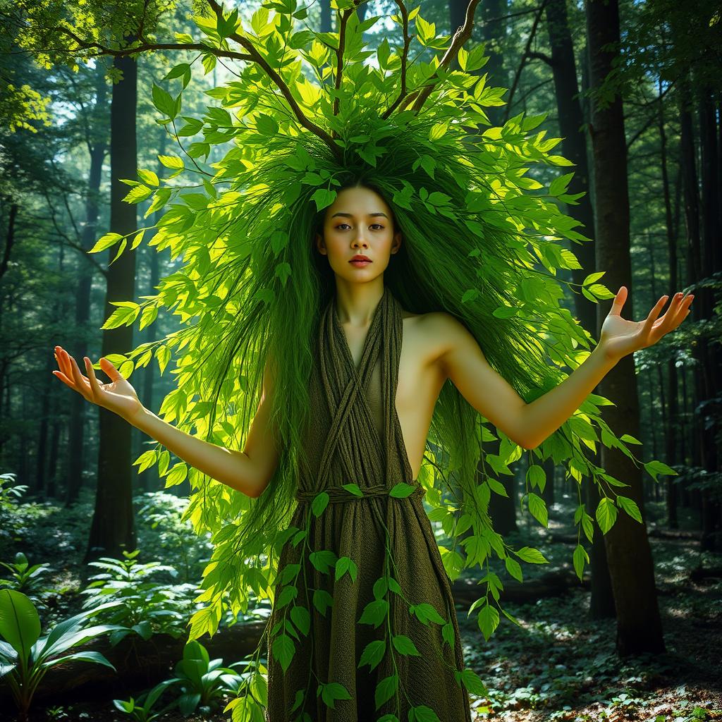 A mystical fusion of a person and a tree, showcasing vibrant green leaves merging seamlessly with the human figure