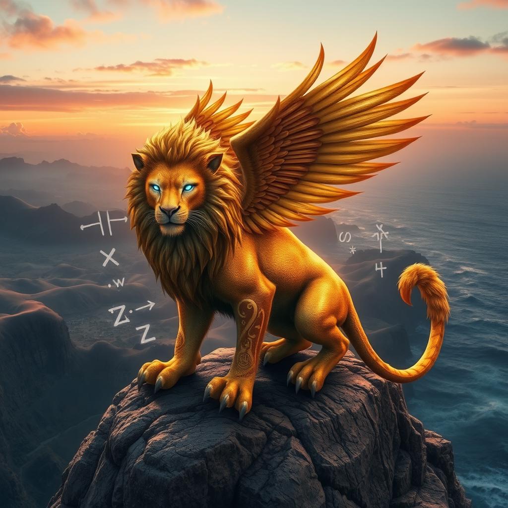 A mythical creature with the body of a lion and the wings of an eagle, adorned with shimmering golden feathers and majestic fur