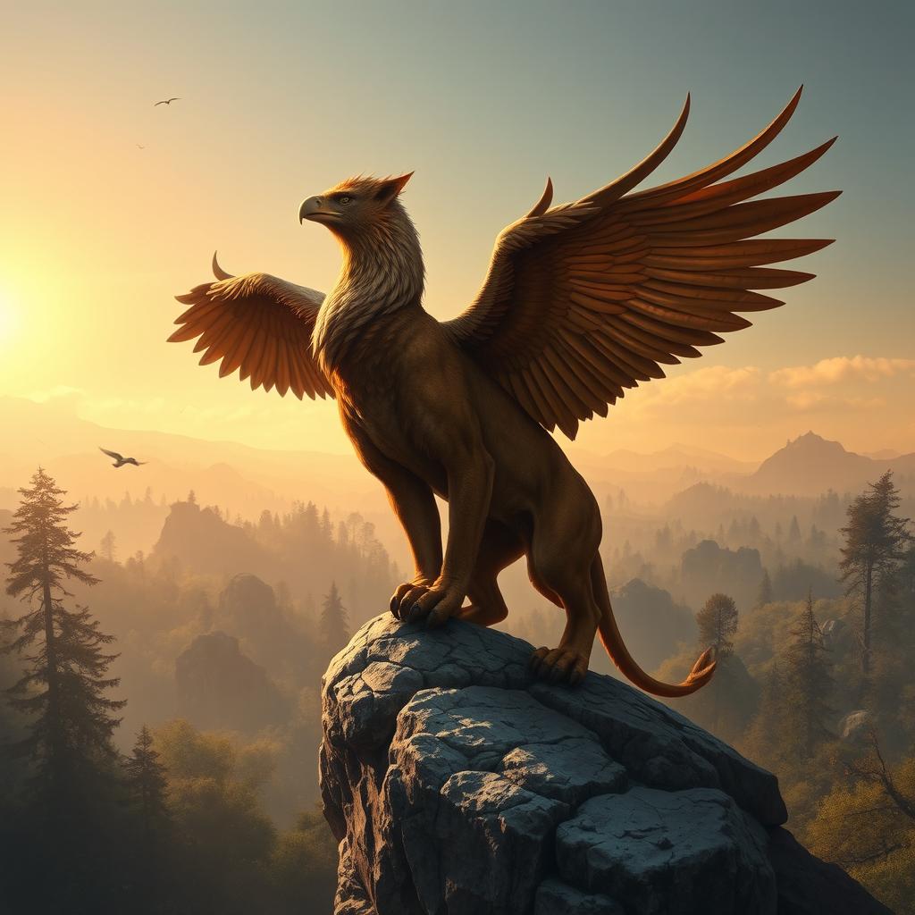 A realistic depiction of a mythical creature, featuring a majestic griffin with the body of a lion and the head and wings of an eagle