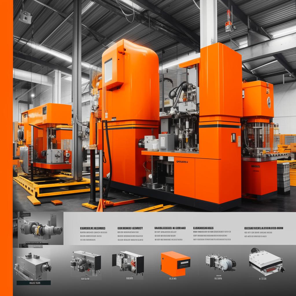 Create a full catalog design for 'OZKAR MAKINA' company where orange and black colors are predominant.