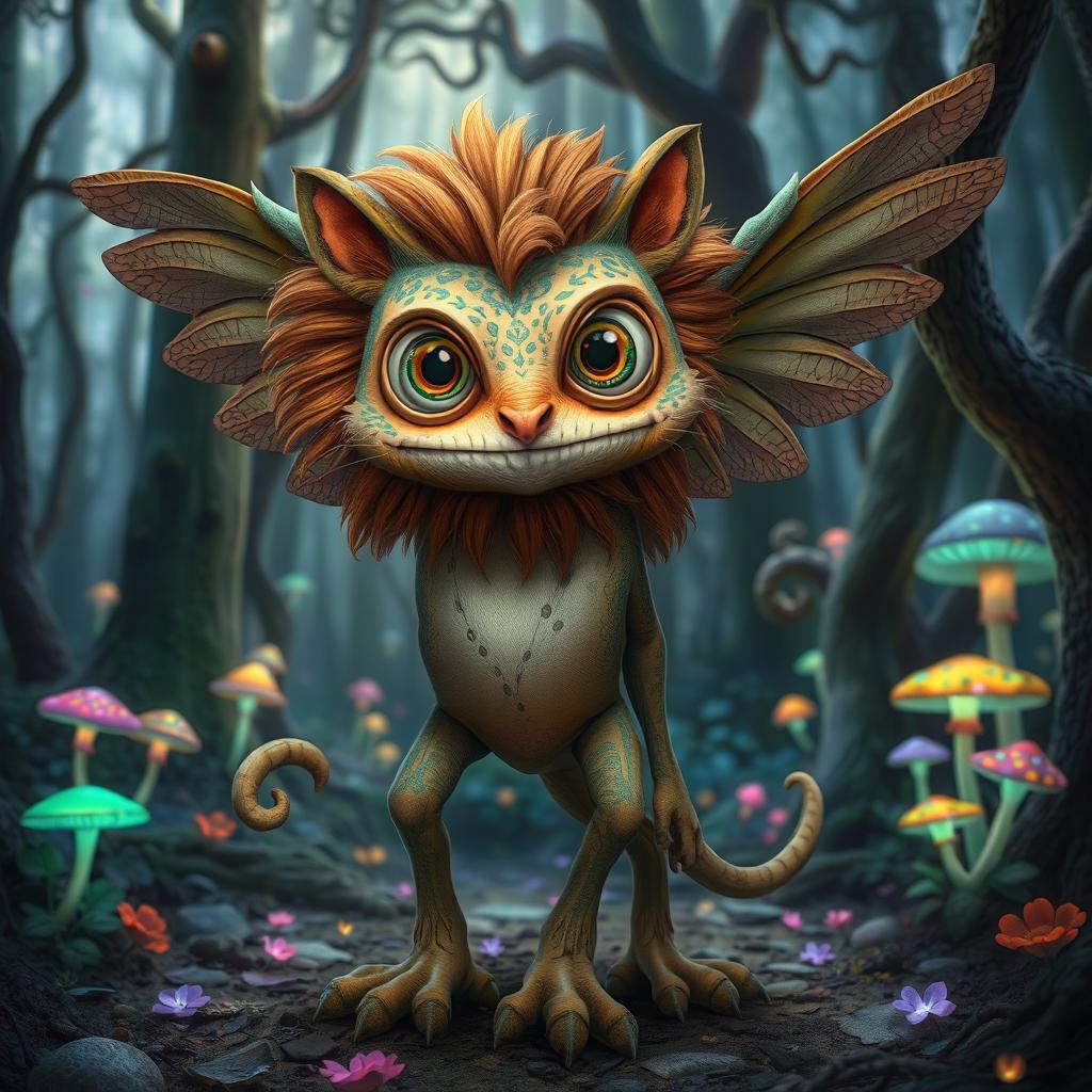 A strange creature that blends various animal features, such as a lion's mane, chameleon skin for colorful camouflage, and owl wings for silent flight