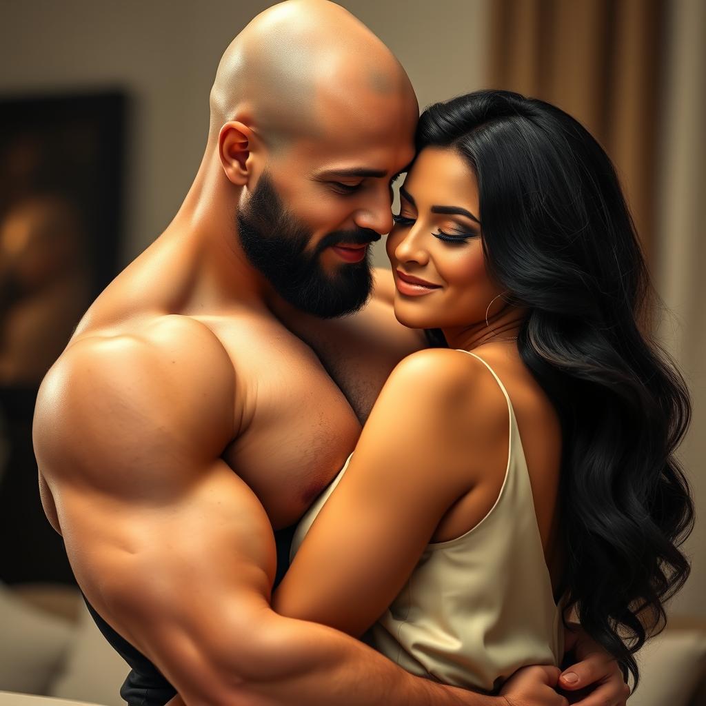 A muscular bald man with a well-groomed beard is holding a curvy woman with long black hair in a loving embrace