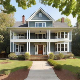 A traditional-style house with the main entrance positioned on the left side of the building. The house features an impressive two-story porch.